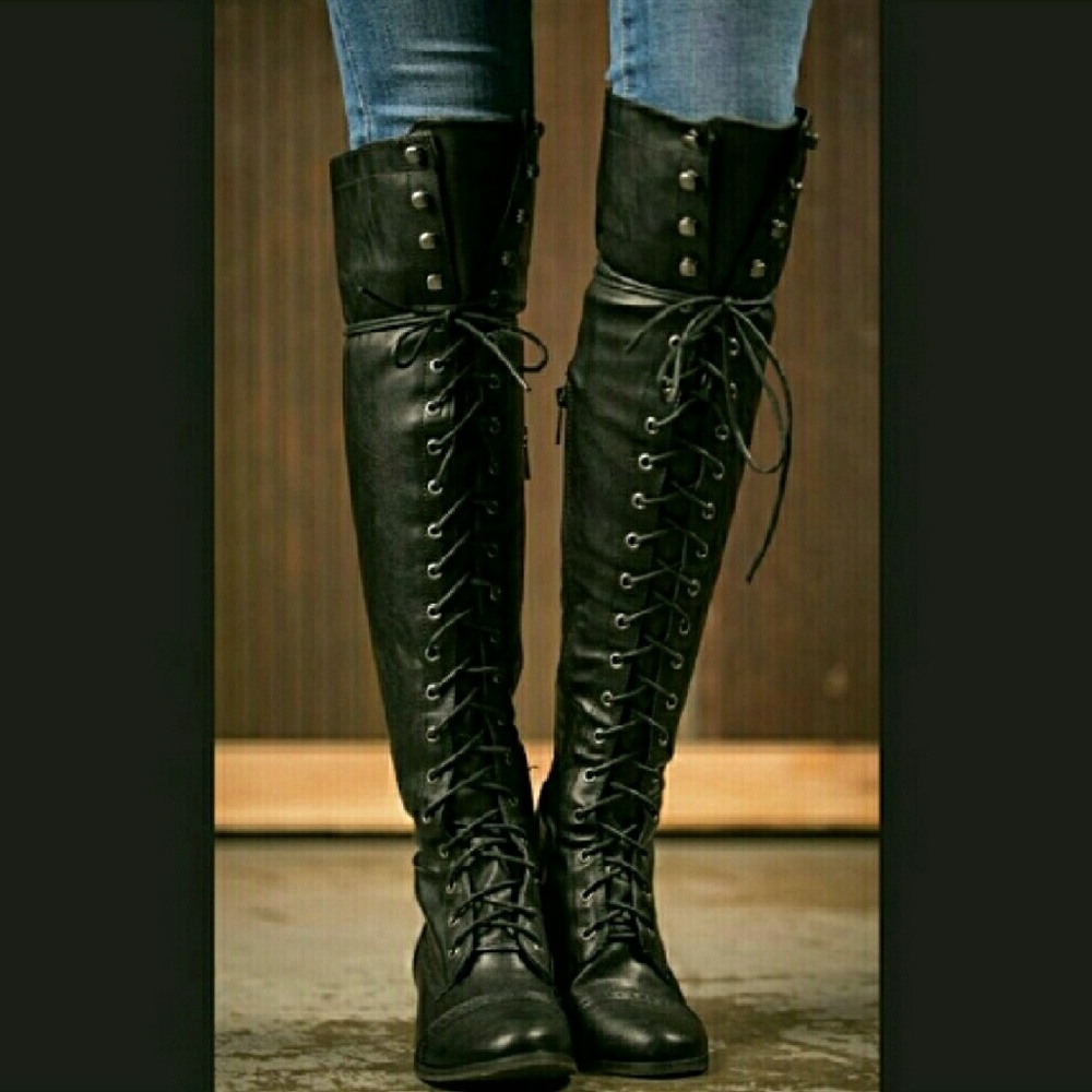 Knee high lace up combat boots